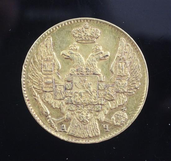 A Russian Nicholas I five rouble gold coin, 1842, 6.5g, NEF, rare in this grade